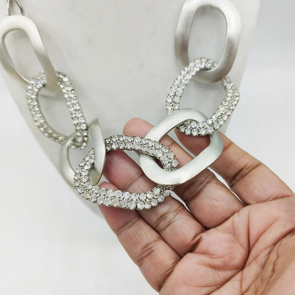 Chain Link Necklace with Bling / Silvertone - Picture 2 of 4